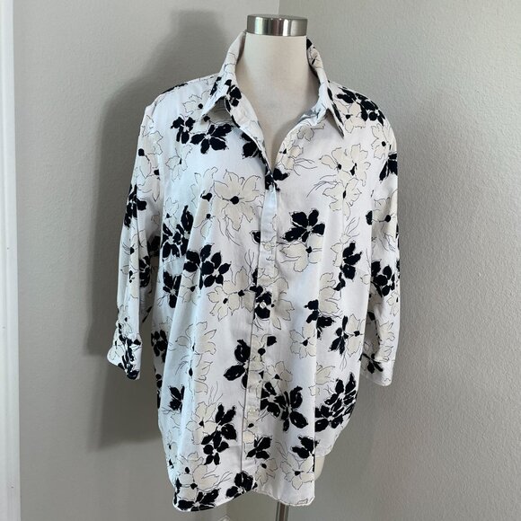 Chaps Womens Plus 2X Floral Button Up No Iron Shirt 3/4 Sleeve Blouse Top - Picture 1 of 8